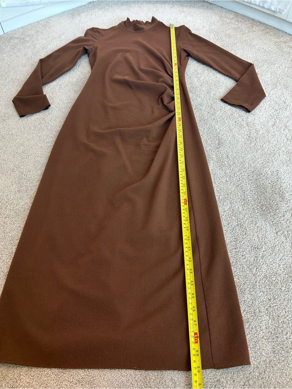 Zara Brown Long Sleeve Mock Neck Twist Detail Midi Dress Sz L stretchy classy - Picture 6 of 11